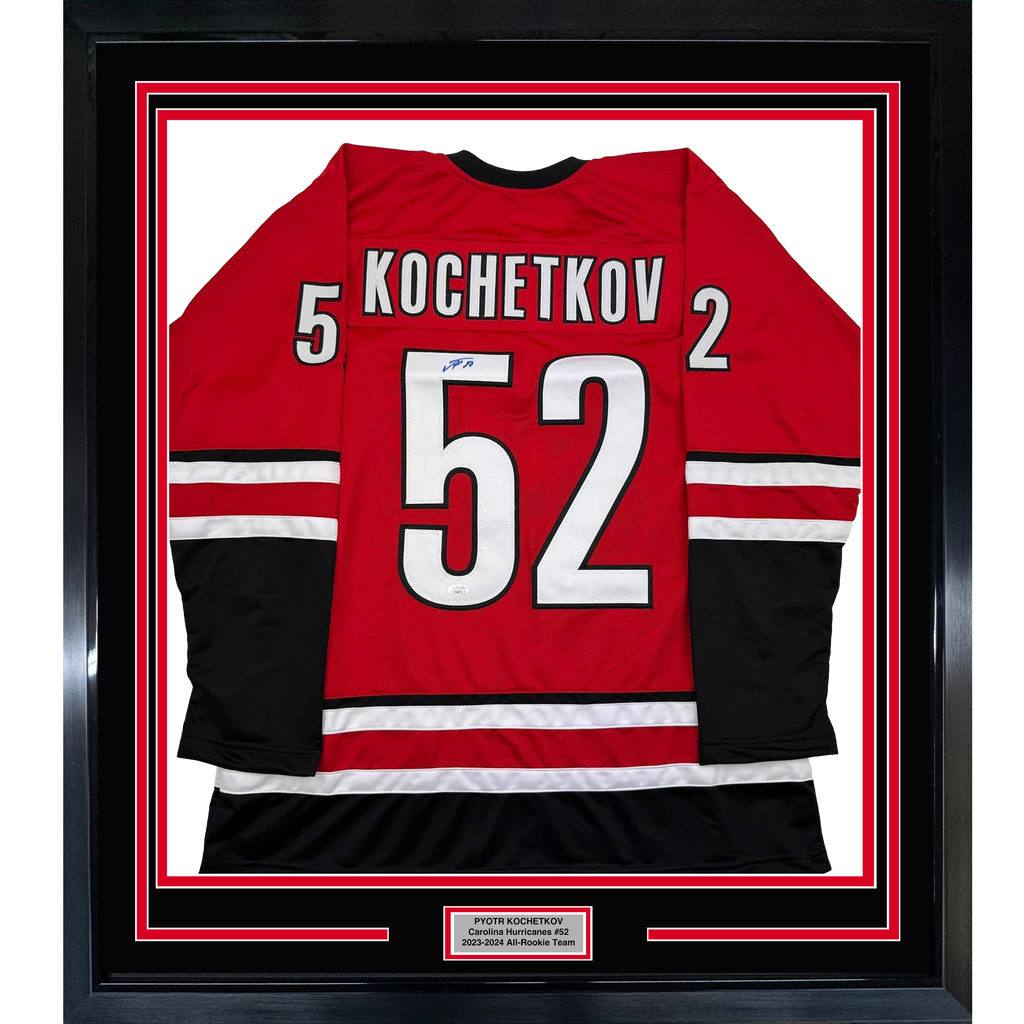 Framed Autographed/Signed Pyotr Kochetkov 35x39 Carolina Red Hockey Jersey JSA COA
