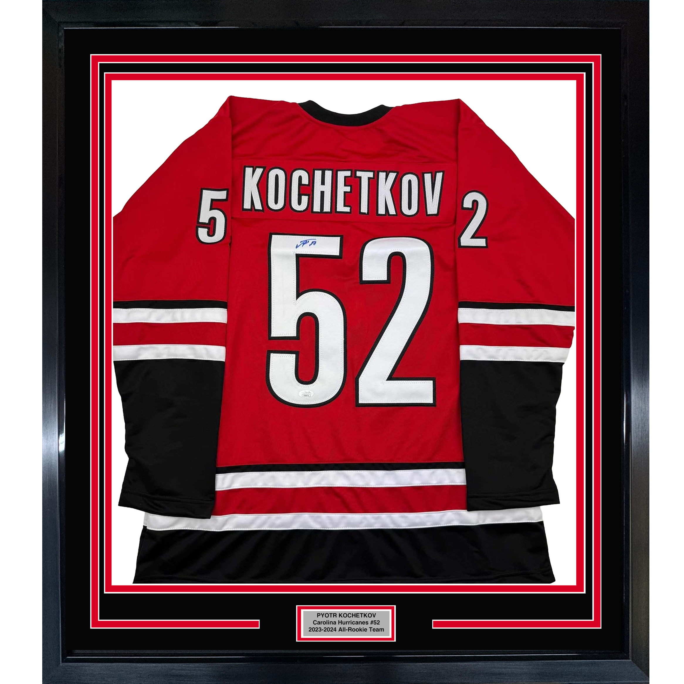 Framed Autographed/Signed Pyotr Kochetkov 35x39 Carolina Red Hockey Jersey JSA COA