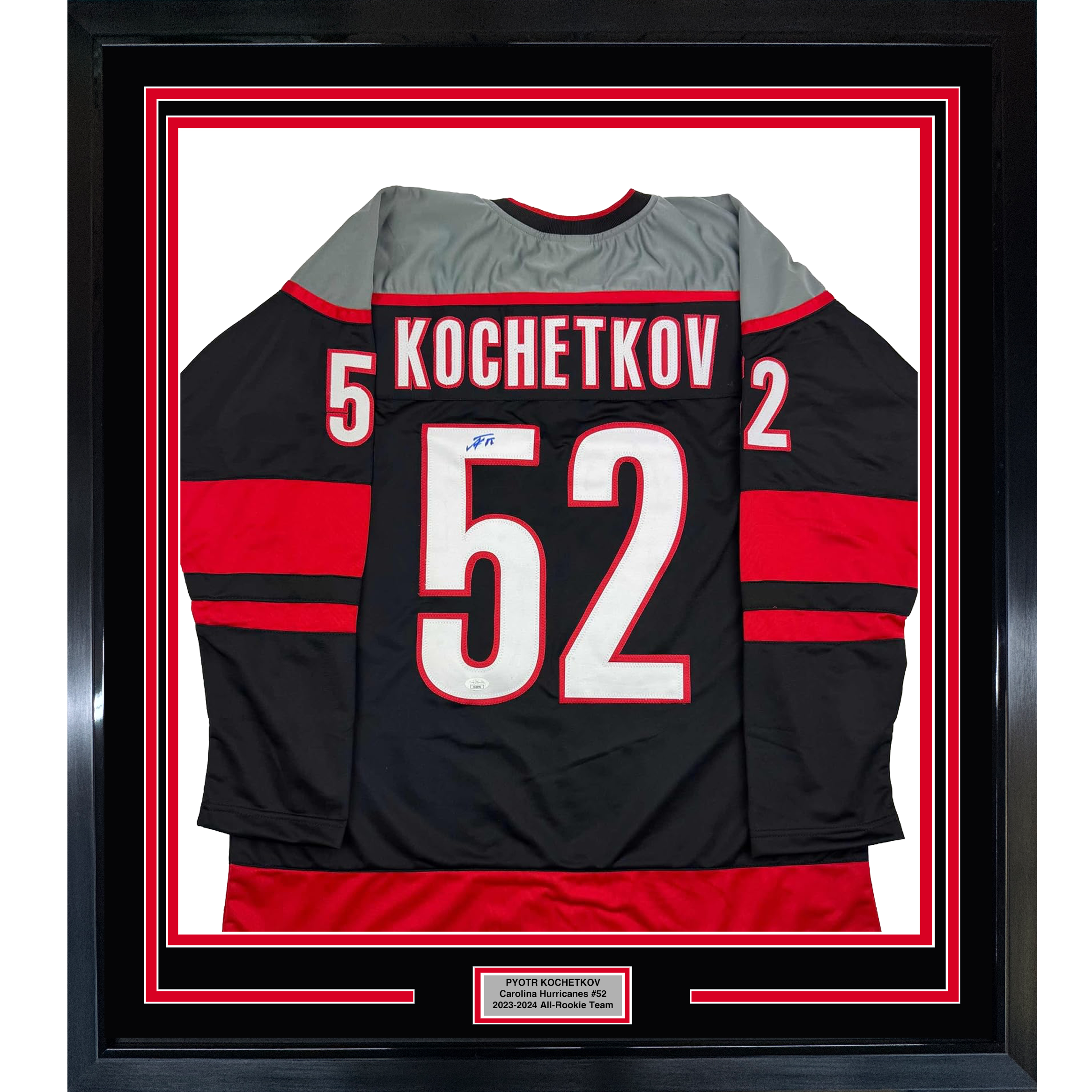 Framed Autographed/Signed Pyotr Kochetkov 35x39 Carolina Black Hockey Jersey JSA COA
