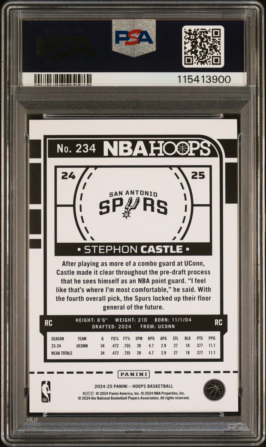 Graded 2024 Panini Hoops Stephon Castle #234 Rookie RC Basketball Card PSA 9 Mint
