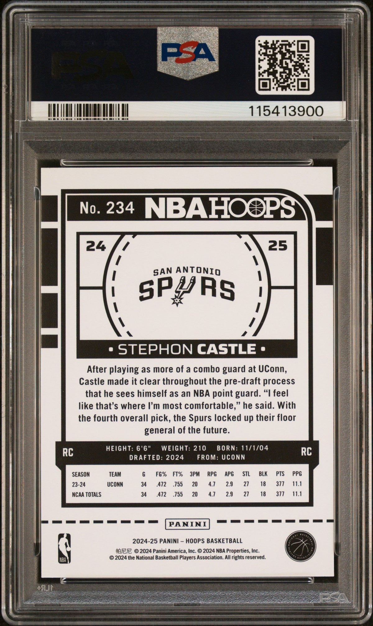 Graded 2024 Panini Hoops Stephon Castle #234 Rookie RC Basketball Card PSA 9 Mint