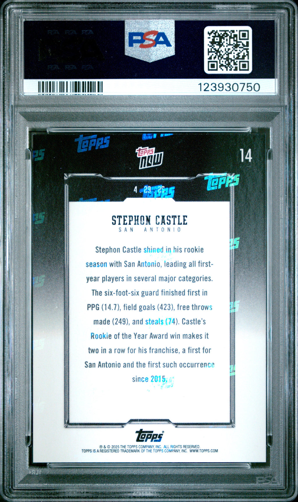 Graded 2024 Topps Now Stephon Castle #14 Rookie RC Basketball Card PSA 10 Gem Mint