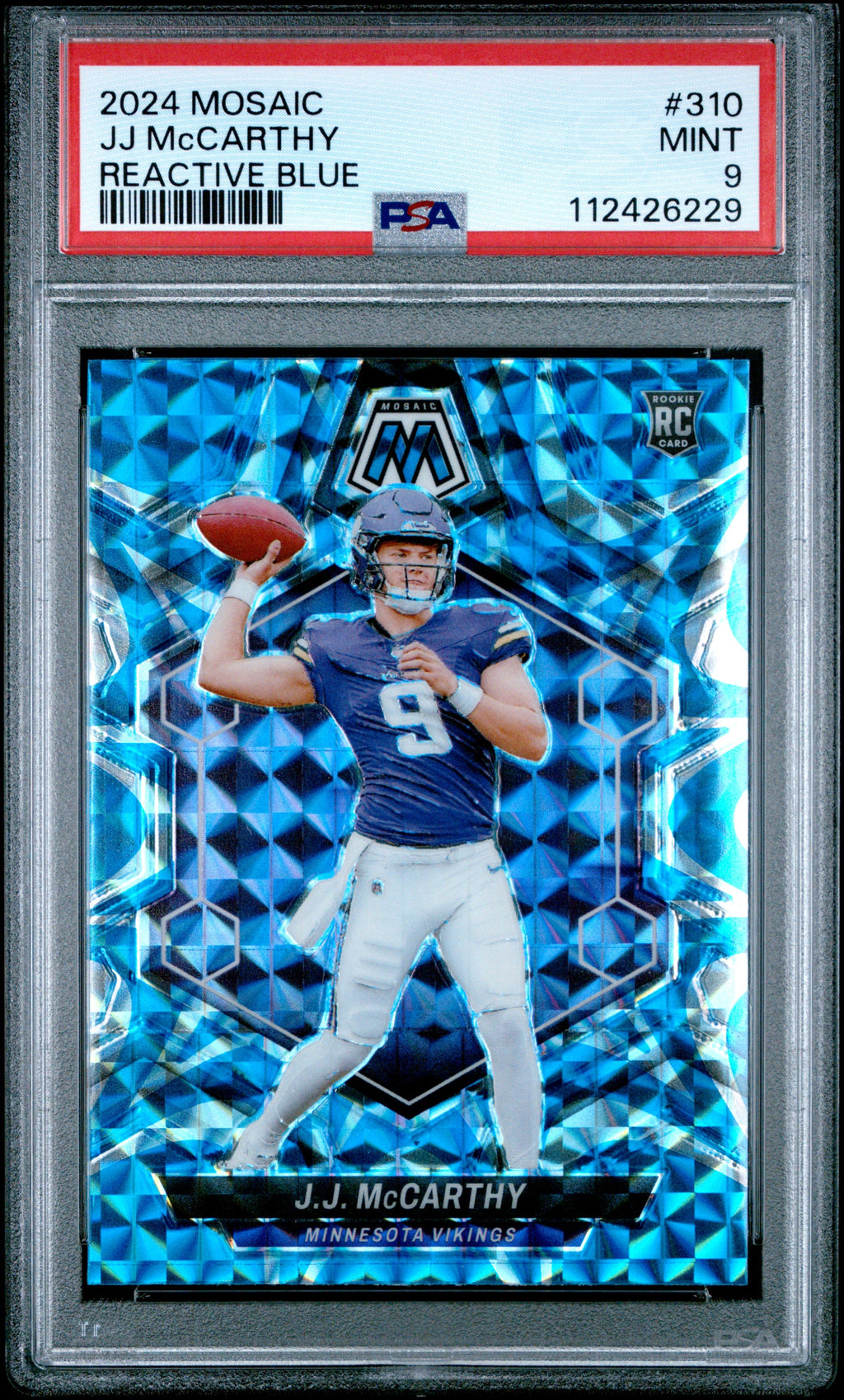 Graded 2024 Panini Mosaic JJ McCarthy #310 Reactive Blue Rookie RC Football Card PSA 9 Mint