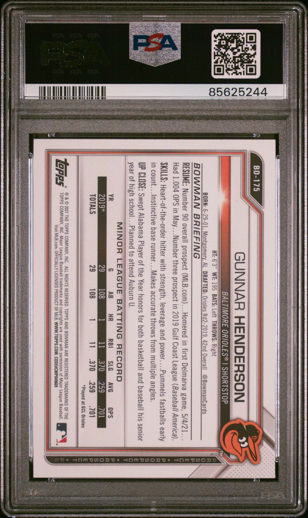 Graded 2021 Topps Bowman Draft Gunnar Henderson #BD175 Rookie RC Baseball Card PSA 9 Mint