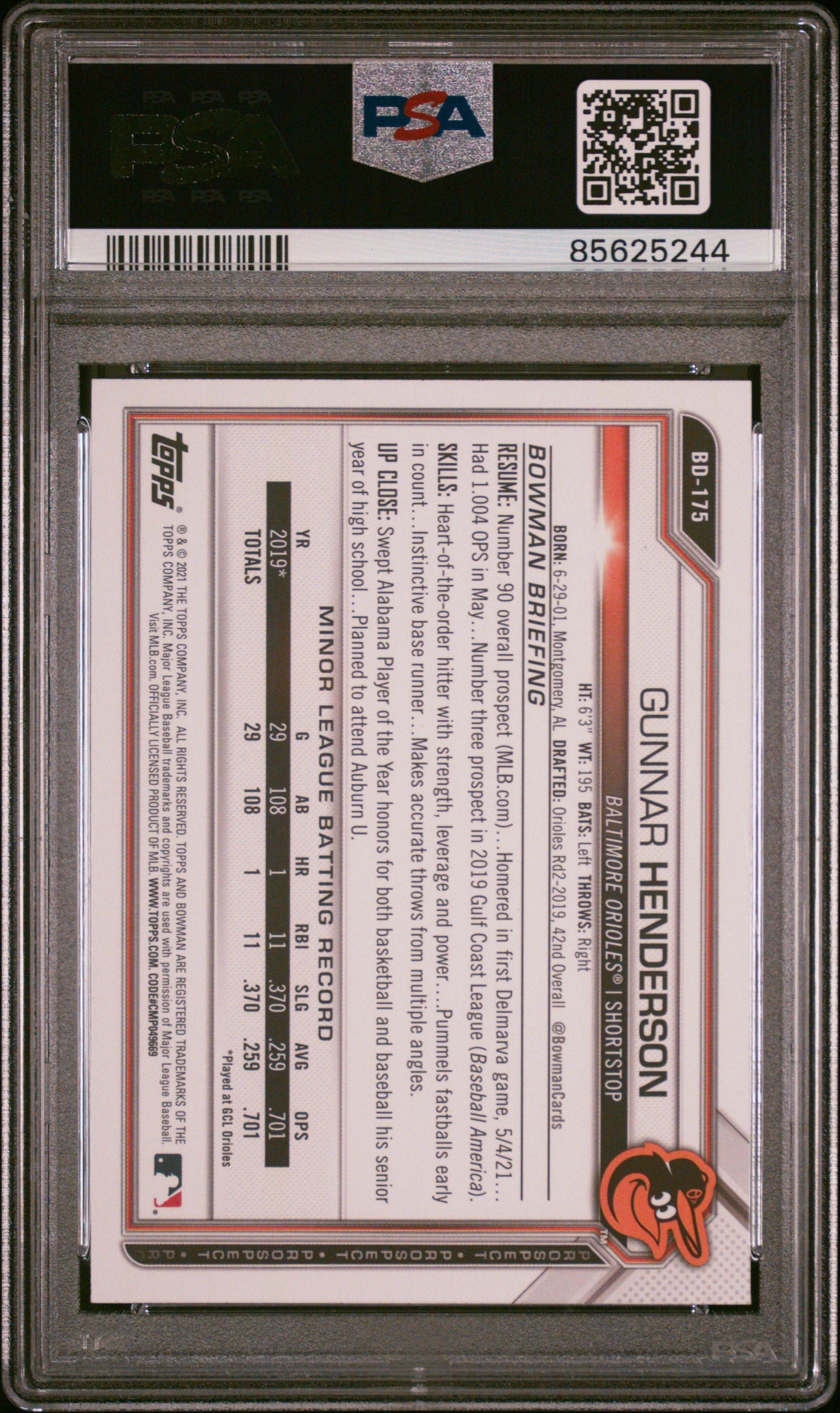 Graded 2021 Topps Bowman Draft Gunnar Henderson #BD175 Rookie RC Baseball Card PSA 9 Mint