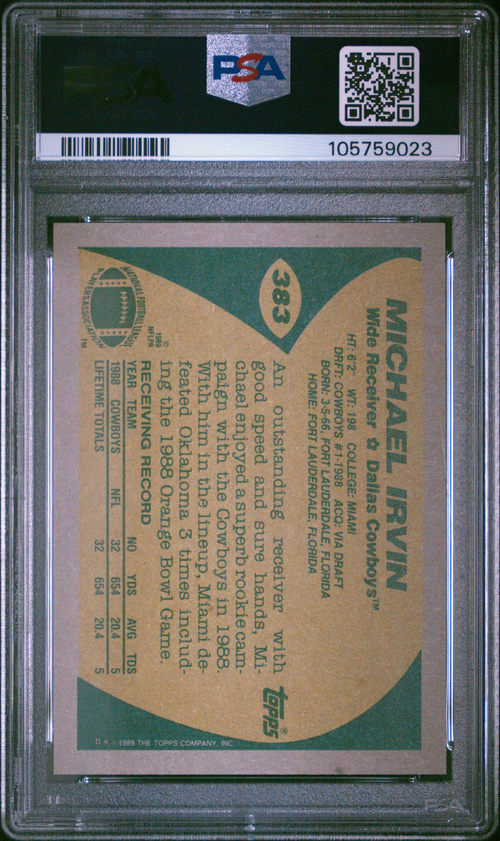 Graded 1989 Topps Michael Irvin #383 Rookie RC Football Card PSA 10 Gem Mint