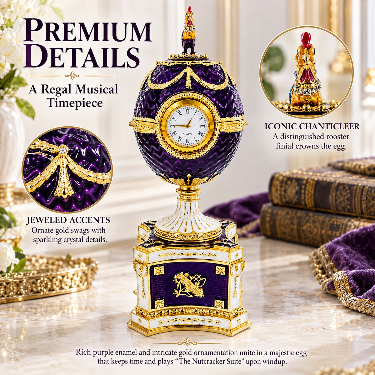 1904 Kelch Chanticleer Royal Imperial Musical Easter Egg in Purple Enamel