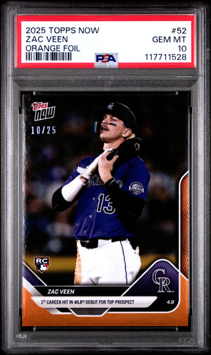 Graded 2025 Topps Now Zac Veen #52 Orange Foil /25 Rookie RC Baseball Card PSA 10 Gem Mint