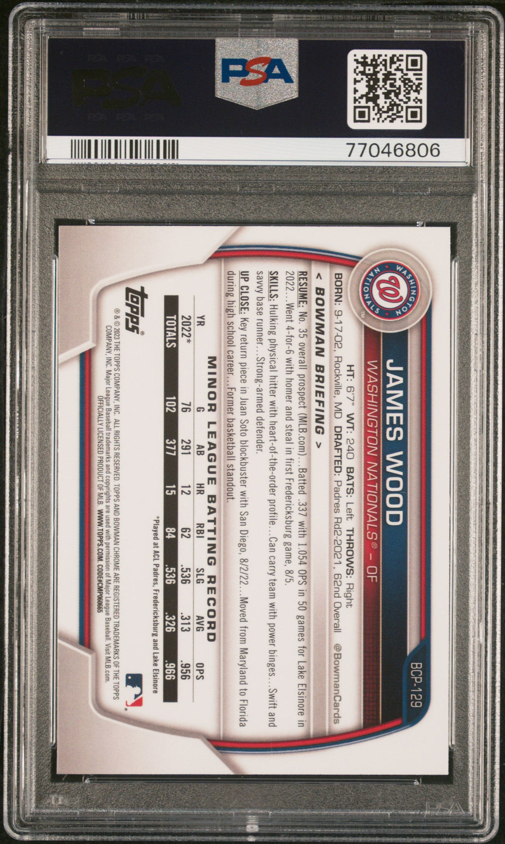 Graded 2023 Topps Bowman James Wood #BCP129 Chrome Prospects Atomic Refractor Rookie RC Baseball Card PSA 10 Gem Mint