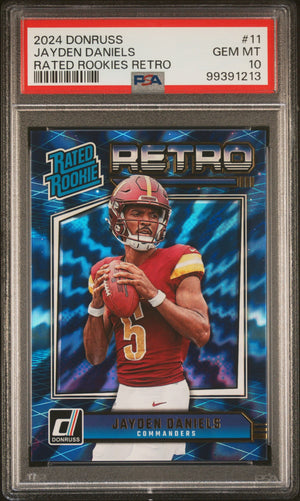 Graded 2024 Panini Donruss Jayden Daniels #11 Rated Rookies Retro Rookie RC Football Card PSA 10 Gem Mint