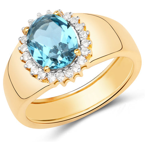 2.22 Carat Genuine Swiss Blue Topaz and White Zircon .925 Sterling Silver Ring