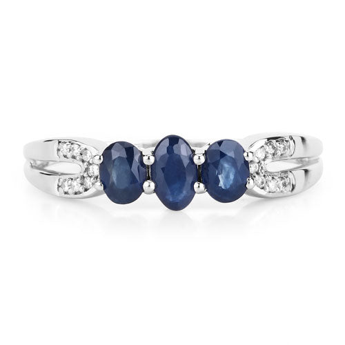 0.73 Carat Genuine Blue Sapphire and White Diamond 14K White Gold Ring