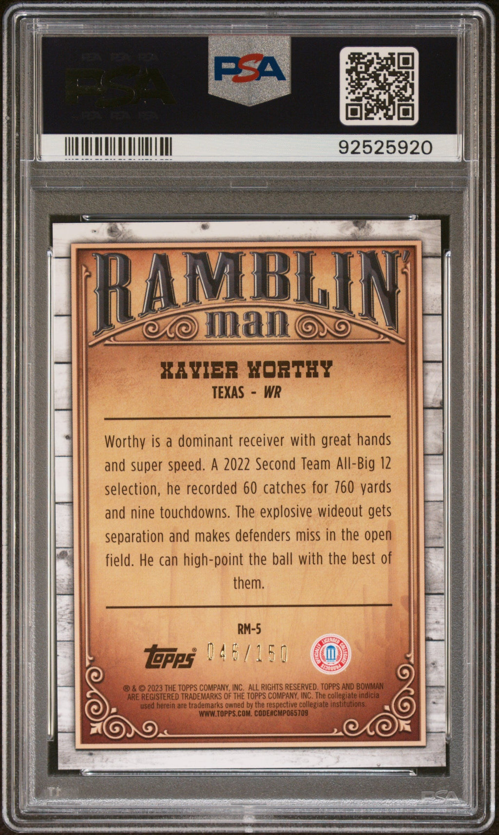 Graded 2023 Topps Bowman University Xavier Worthy #RM5 Ramblin Man Aqua #/150 Rookie RC Football Card PSA 10 Gem Mint