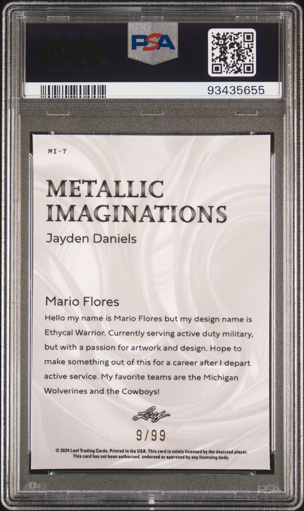 Graded 2024 Leaf Jayden Daniels #MI7 Metallic Imaginations Gold #/99 Rookie RC Football Card PSA 9 Mint