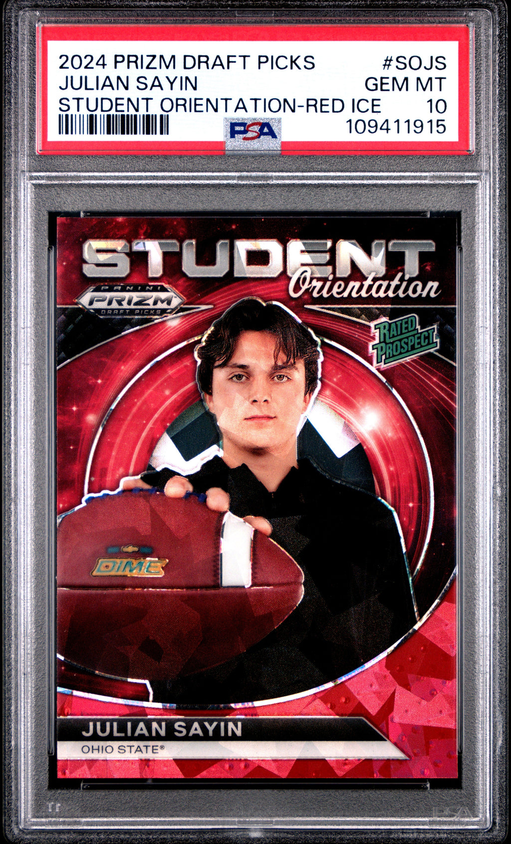 Graded 2024 Panini Prizm Draft Picks Julian Sayin #SOJS Student Orientation Red Ice Rookie RC Football Card PSA 10 Gem Mint
