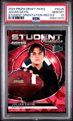 Graded 2024 Panini Prizm Draft Picks Julian Sayin #SOJS Student Orientation Red Ice Rookie RC Football Card PSA 10 Gem Mint