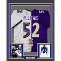 Framed Autographed/Signed Ray Lewis 35x39 Baltimore Split Purple White Football Jersey JSA COA