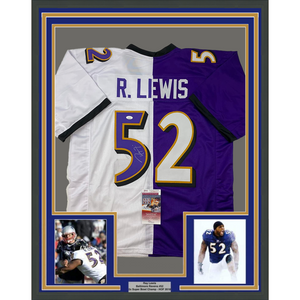Framed Autographed/Signed Ray Lewis 35x39 Baltimore Split Purple White Football Jersey JSA COA