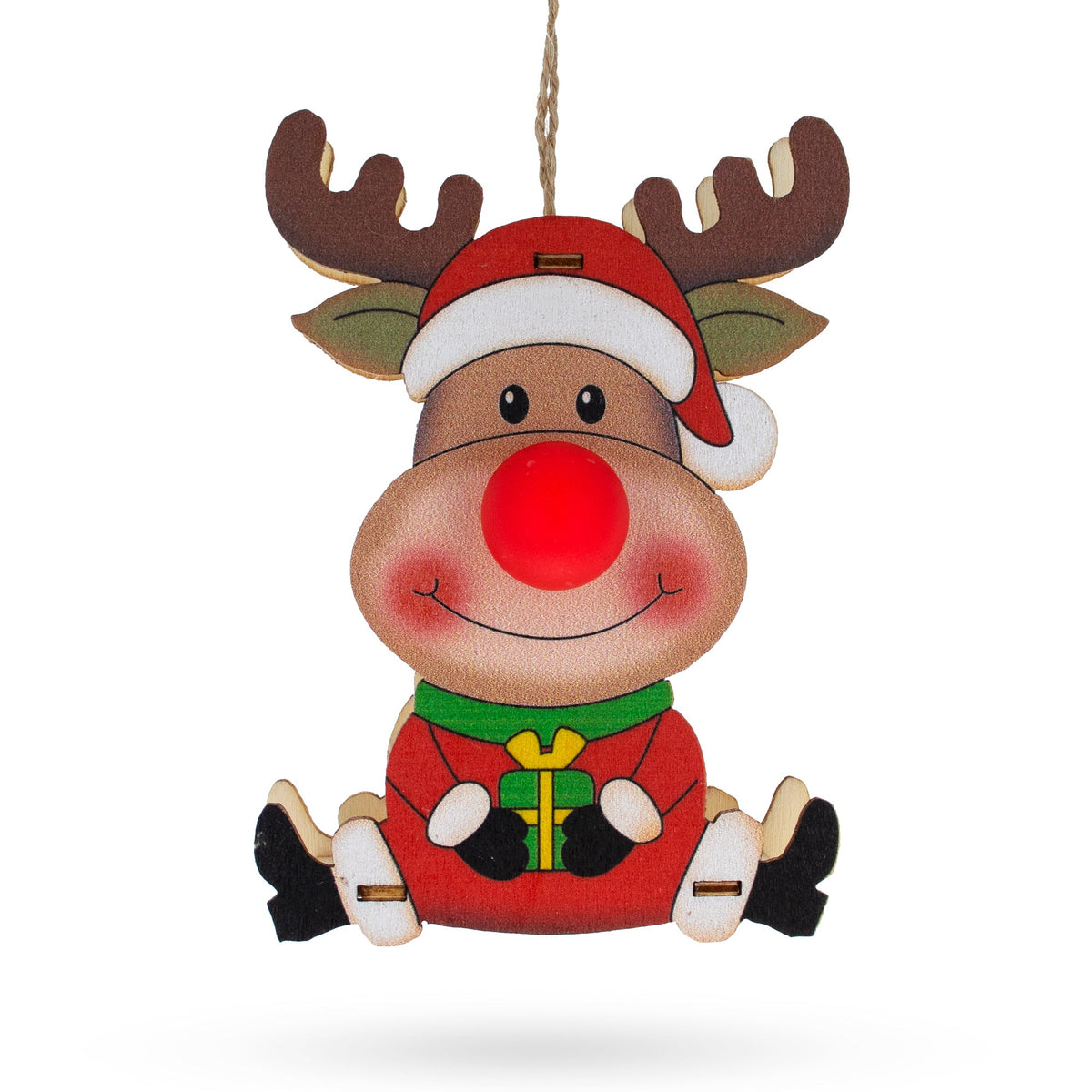 Wooden Reindeer with Present Christmas Ornament with Light Up Nose Cutout