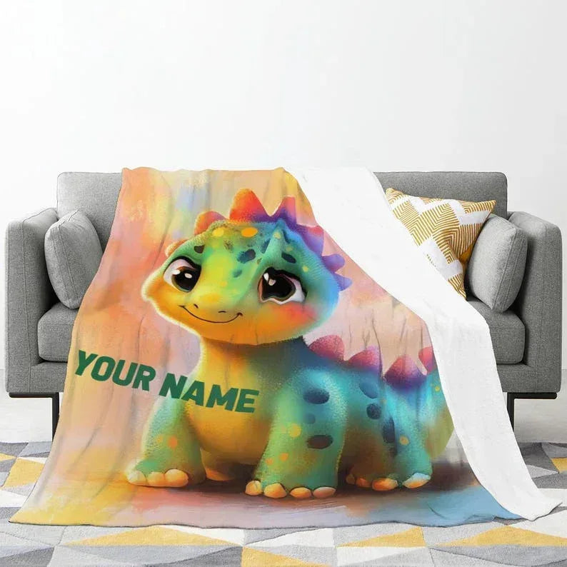 Custom Dinosaur Blanket: Rainbow Flannel Fleece Nursery Throw, Super Soft Name Gift