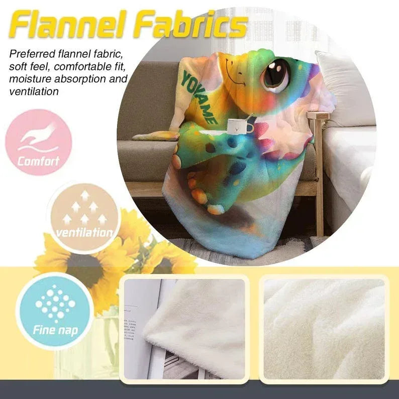 Custom Dinosaur Blanket: Rainbow Flannel Fleece Nursery Throw, Super Soft Name Gift
