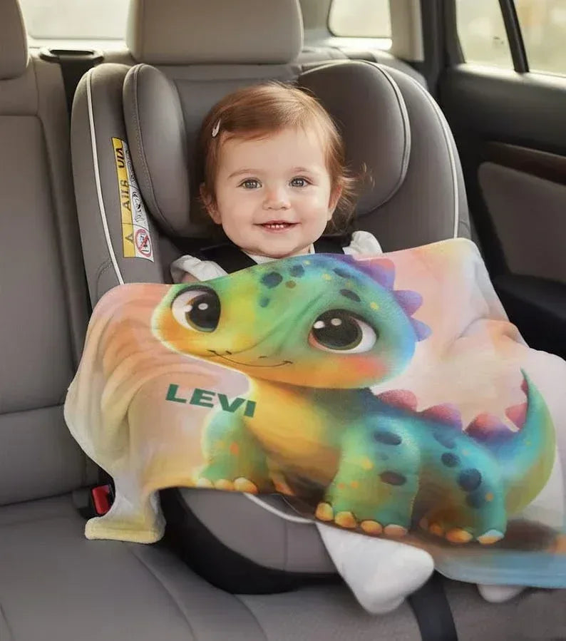 Custom Dinosaur Blanket: Rainbow Flannel Fleece Nursery Throw, Super Soft Name Gift