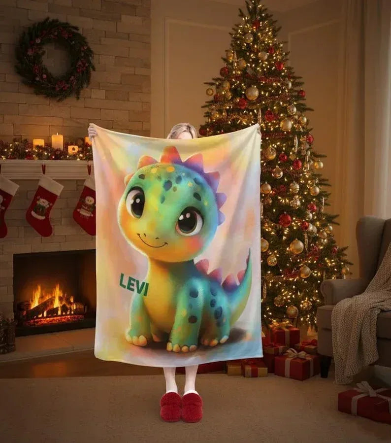 Custom Dinosaur Blanket: Rainbow Flannel Fleece Nursery Throw, Super Soft Name Gift