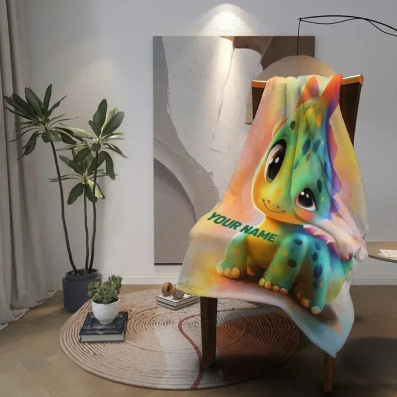 Custom Dinosaur Blanket: Rainbow Flannel Fleece Nursery Throw, Super Soft Name Gift