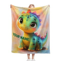 Custom Dinosaur Blanket: Rainbow Flannel Fleece Nursery Throw, Super Soft Name Gift