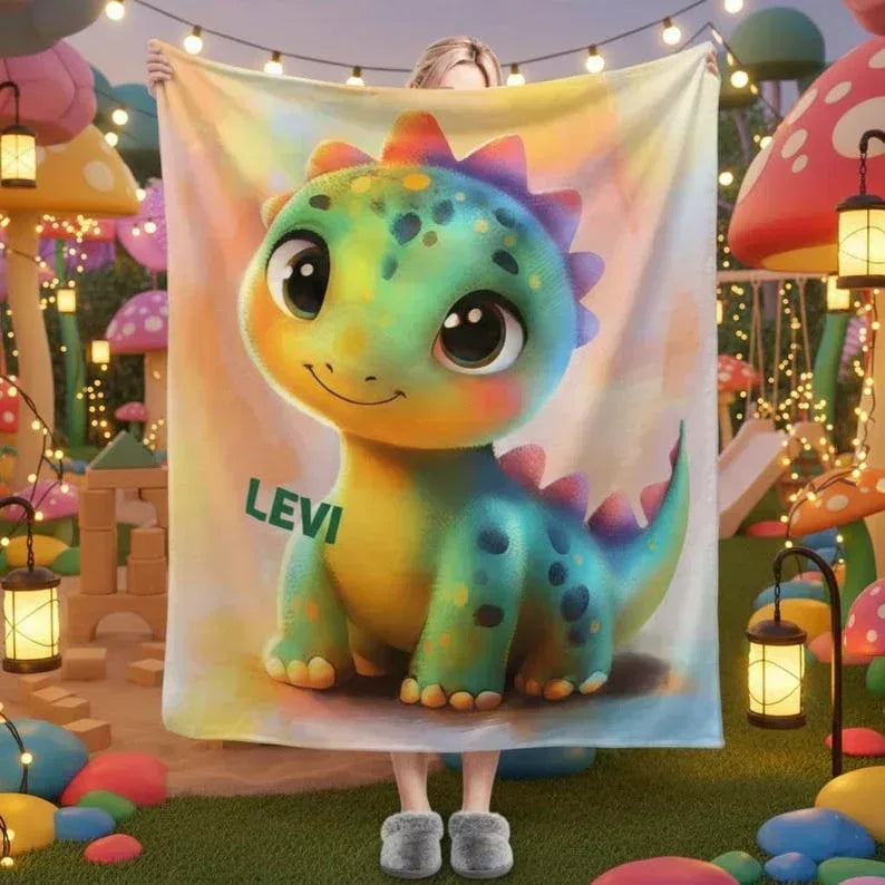 Custom Dinosaur Blanket: Rainbow Flannel Fleece Nursery Throw, Super Soft Name Gift