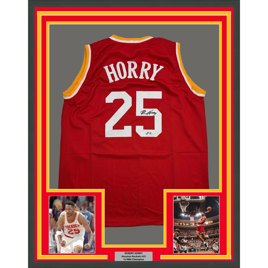 Framed Autographed/Signed Robert Horry 35x39 Houston Red Basketball Jersey Beckett BAS COA
