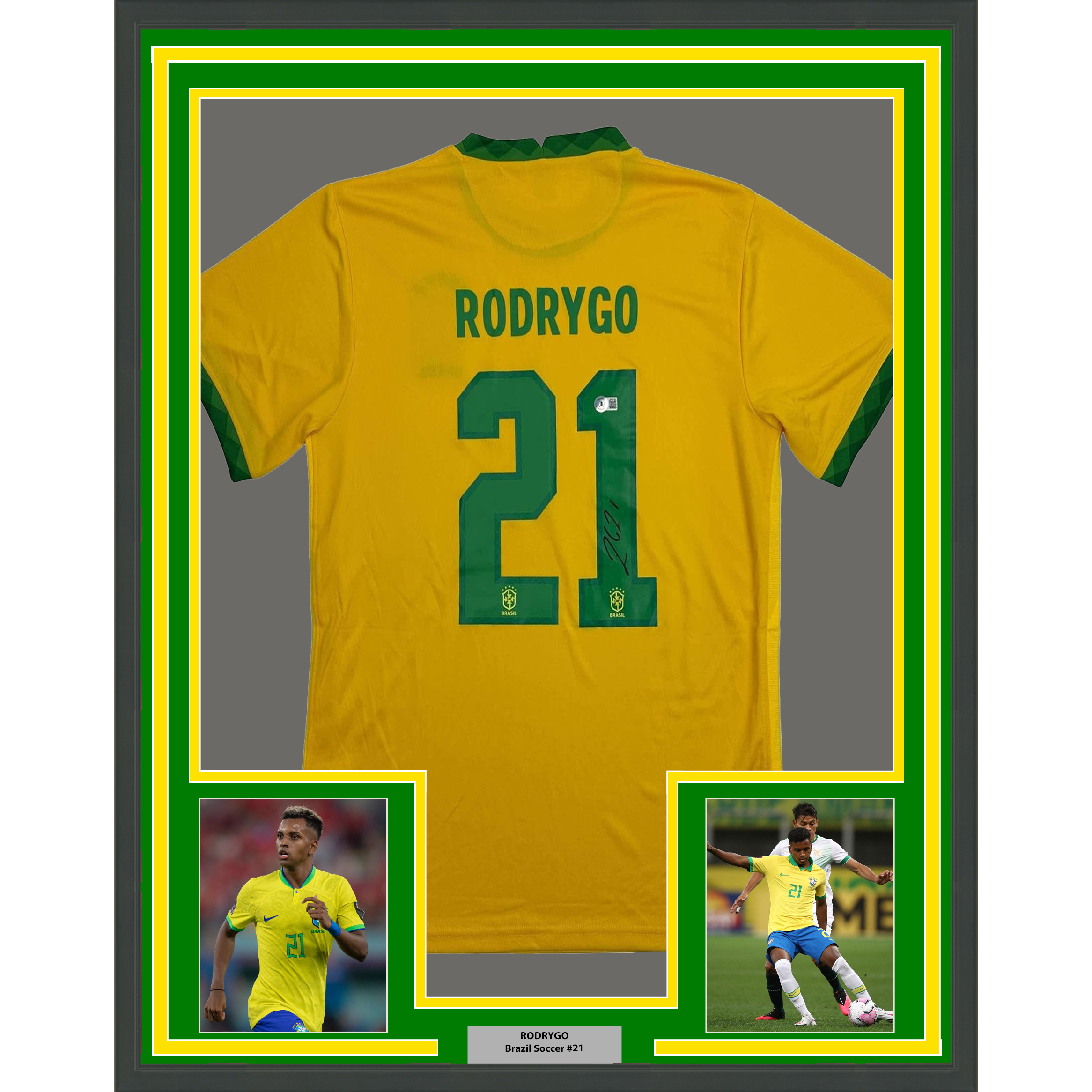 Framed Autographed/Signed Rodrygo Silva de Goes 35x39 Brazil Yellow Soccer World Cup Jersey Beckett BAS COA