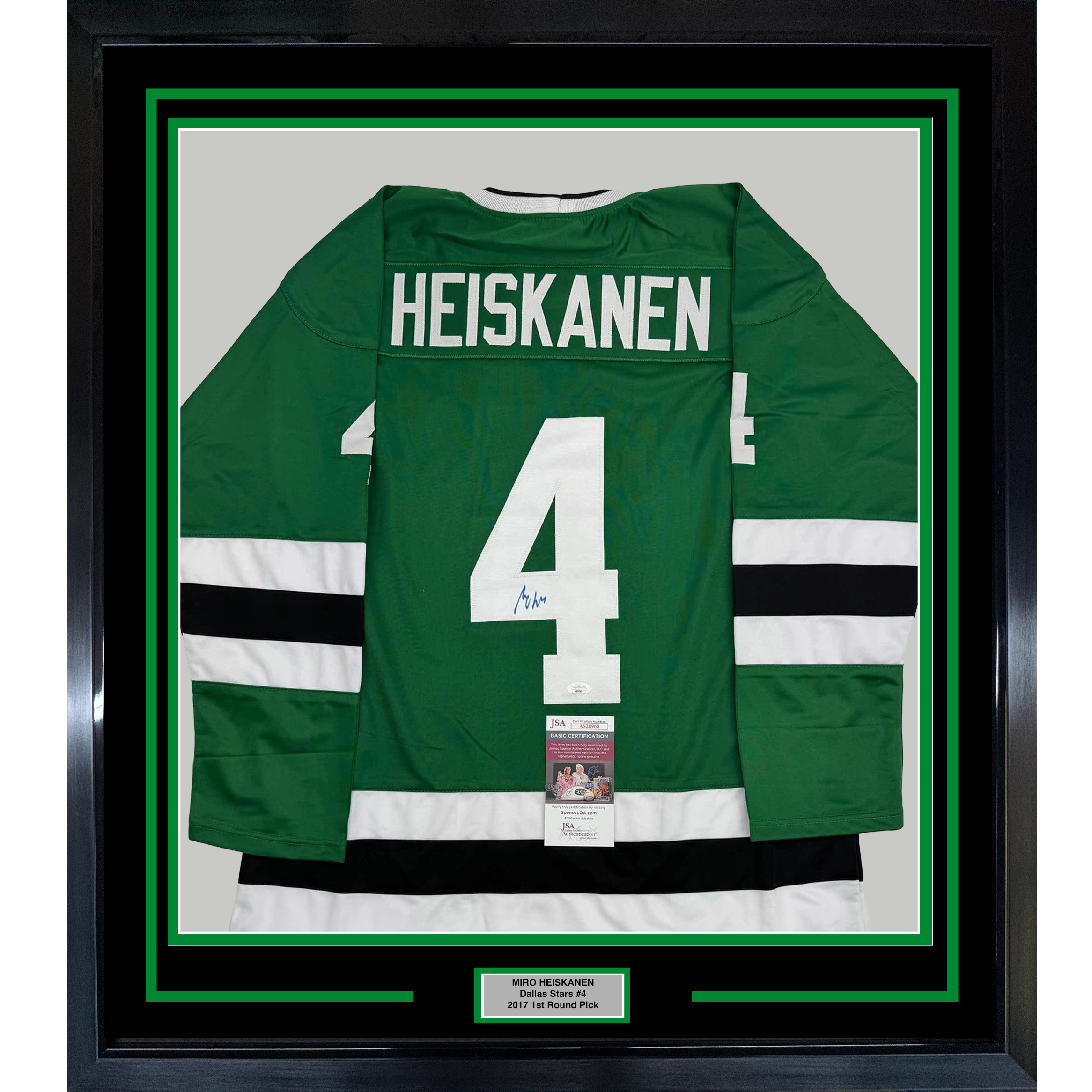 Framed Autographed/Signed Miro Heiskanen 35x39 Dallas Green Retro Hockey Jersey JSA COA