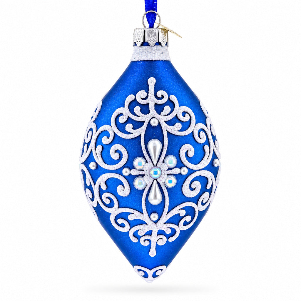 Blue Jeweled Scroll Pointed Teardrop Finial Glass Christmas Ornament