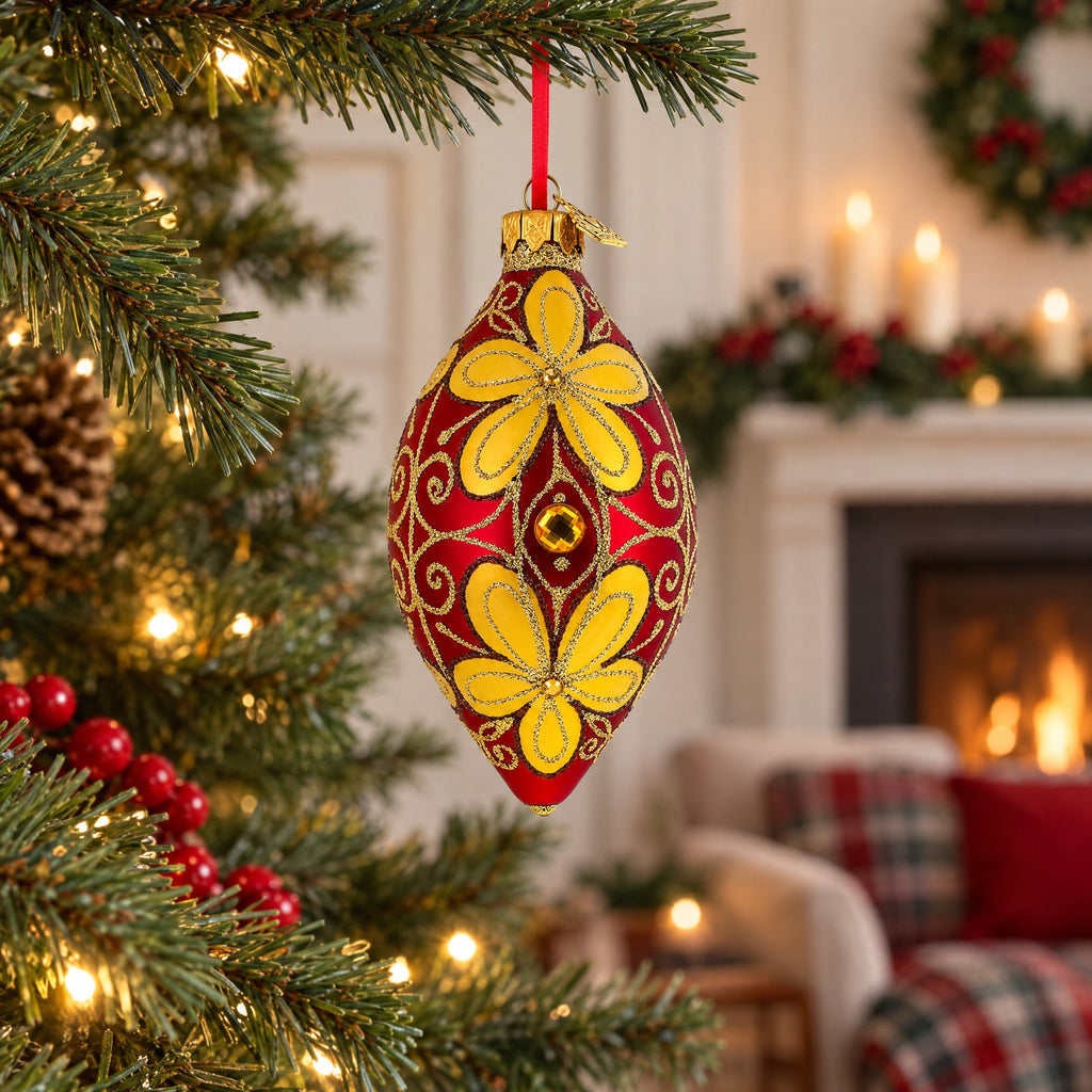 Golden Flowers Pointed Teardrop Finial Glass Christmas Ornament