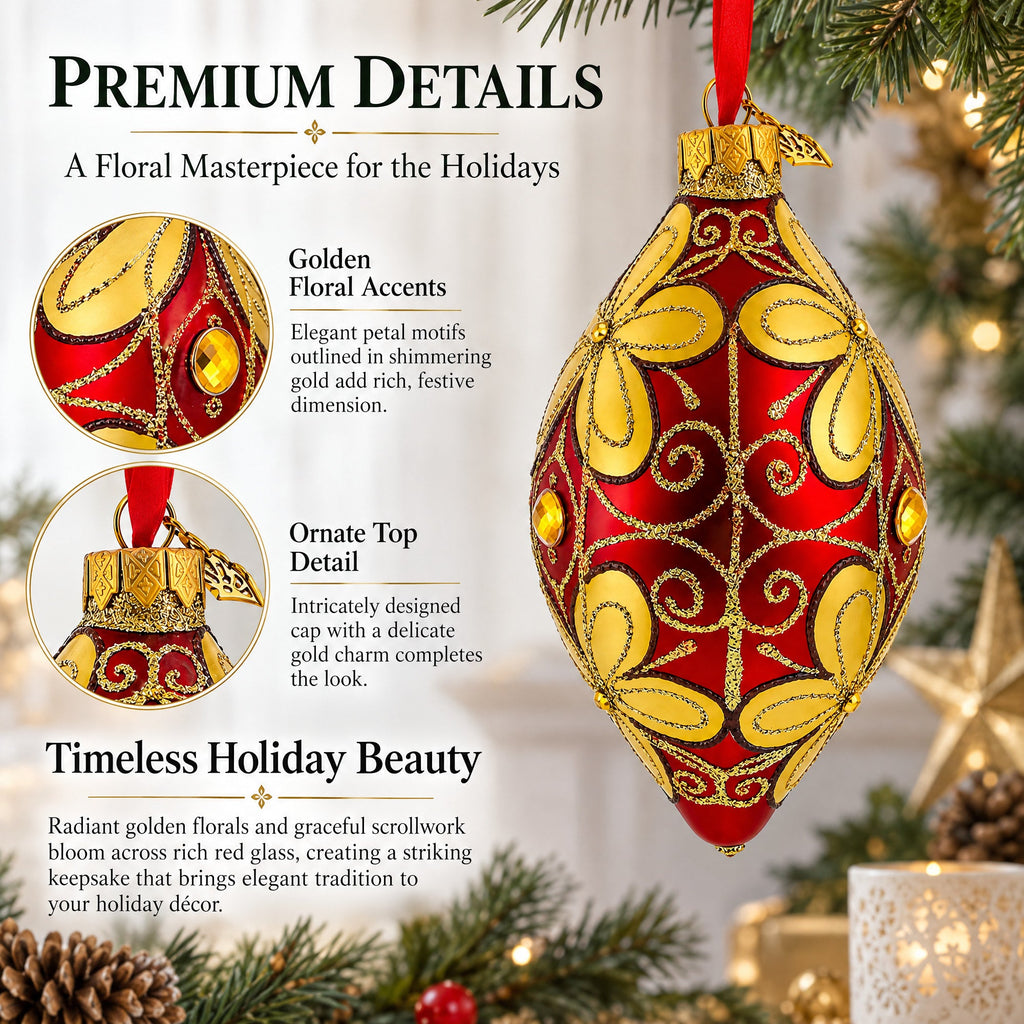 Golden Flowers Pointed Teardrop Finial Glass Christmas Ornament
