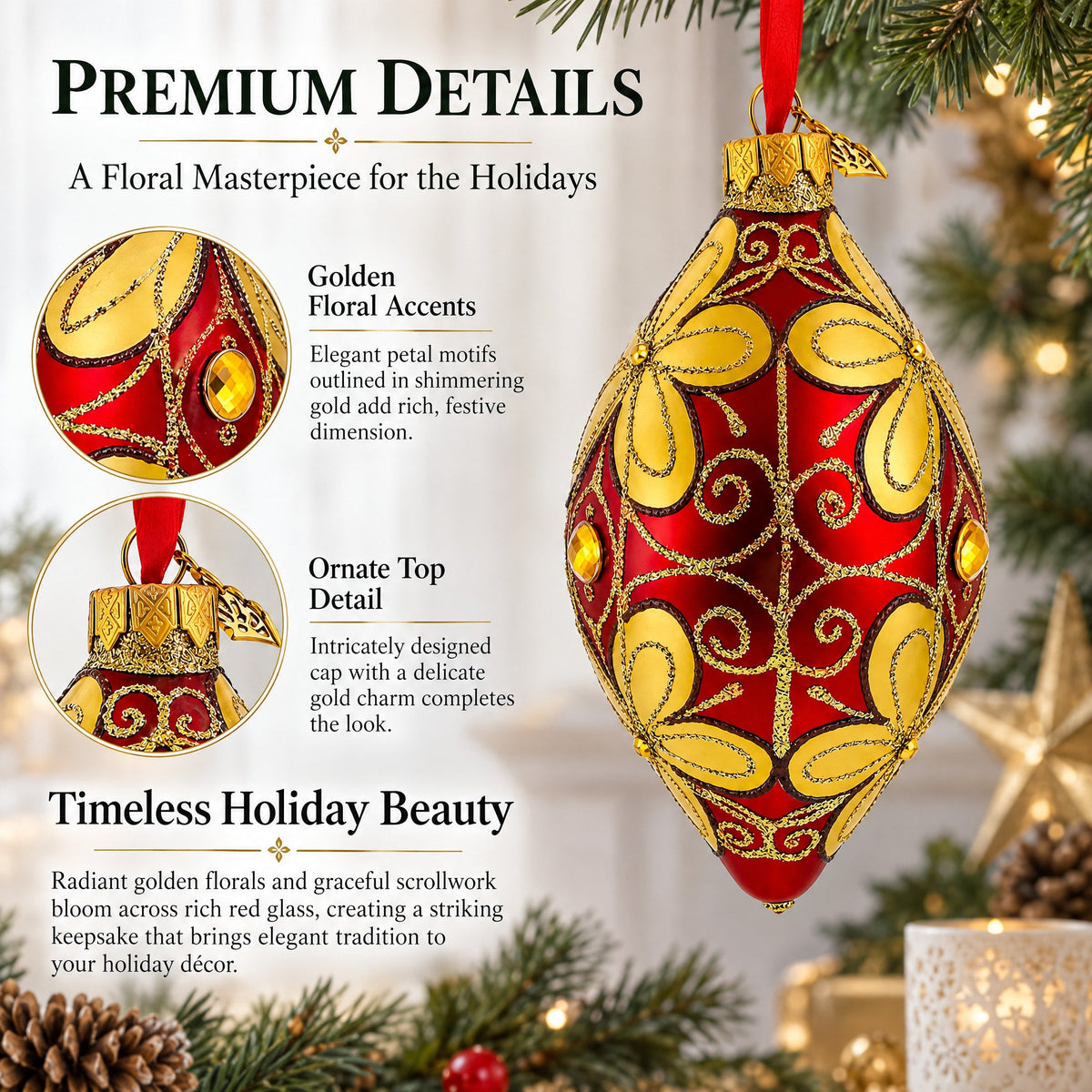 Golden Flowers Pointed Teardrop Finial Glass Christmas Ornament