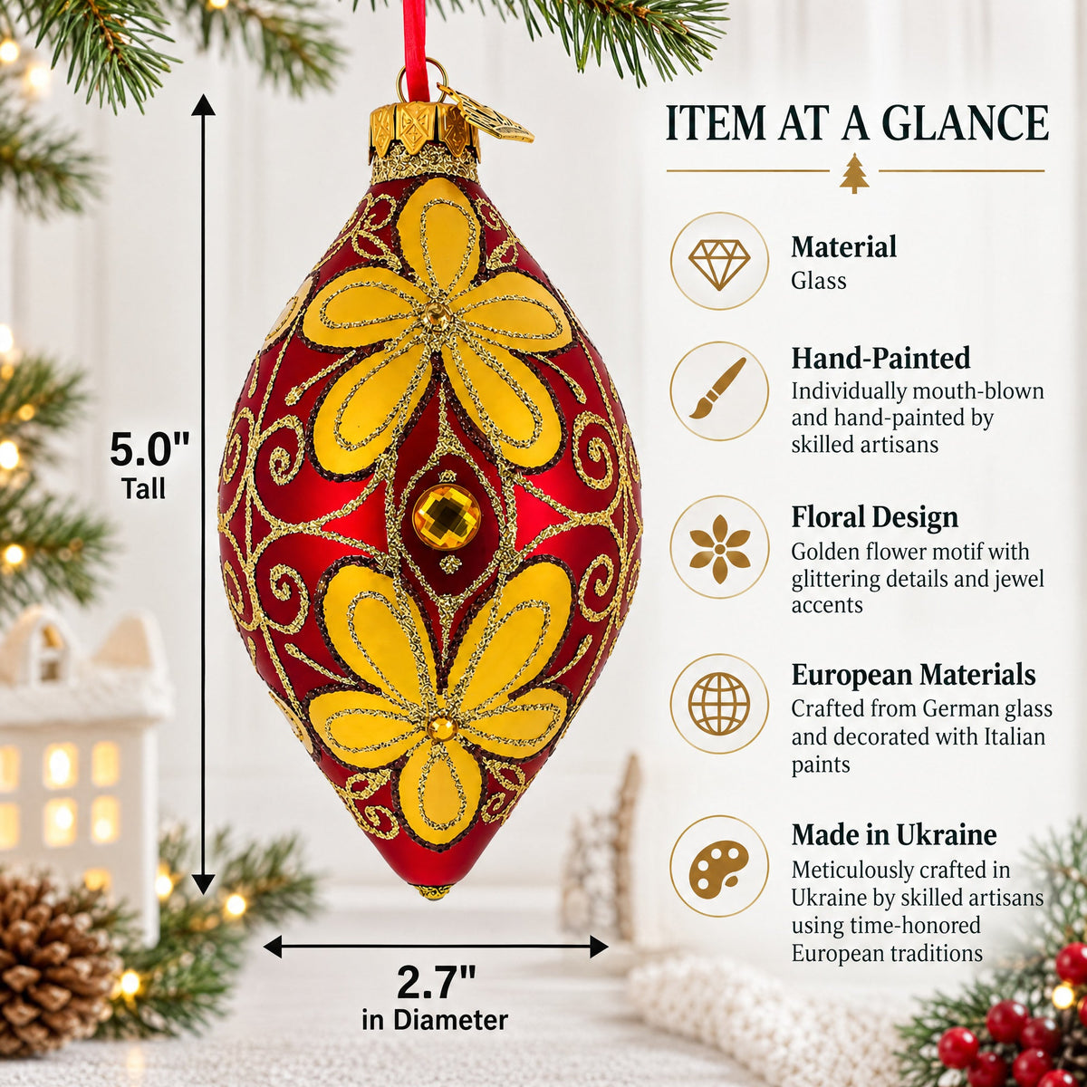 Golden Flowers Pointed Teardrop Finial Glass Christmas Ornament