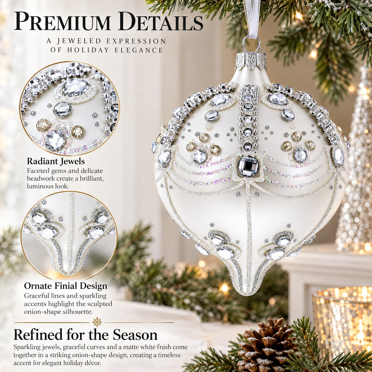 White Jewels on Silver Onion-Shape Finial Glass Ornament