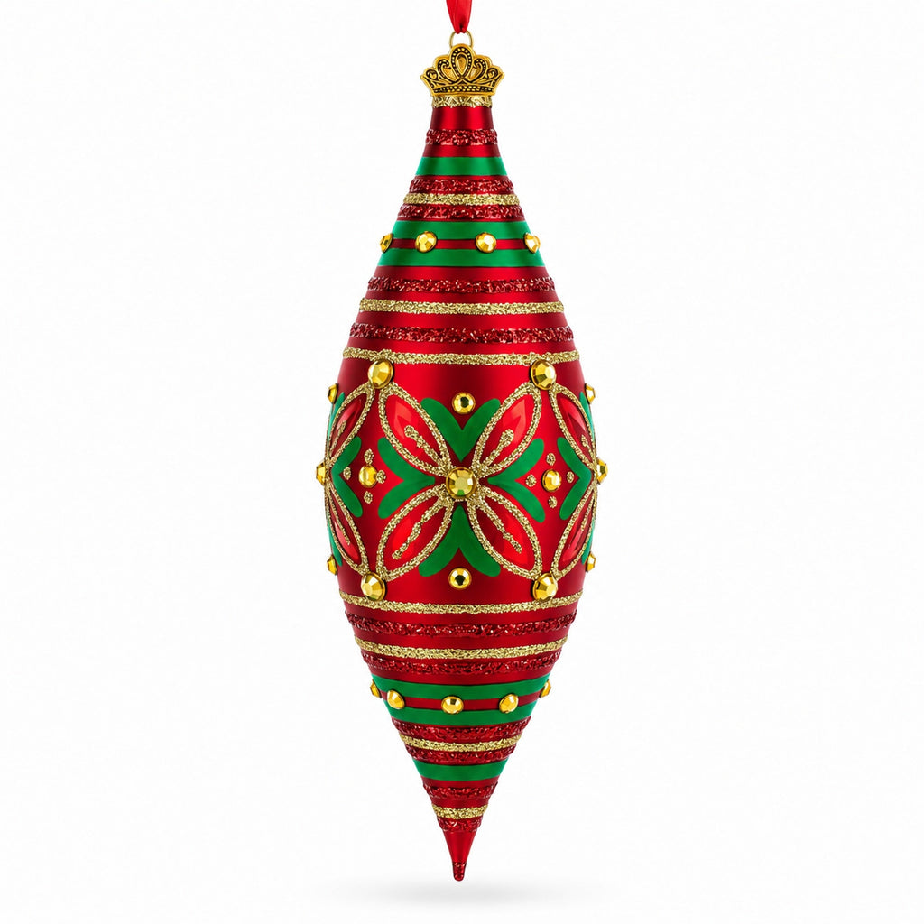 Red and Green Glitter Jeweled Elongated Pointed Teardrop Finial Glass Christmas Ornament
