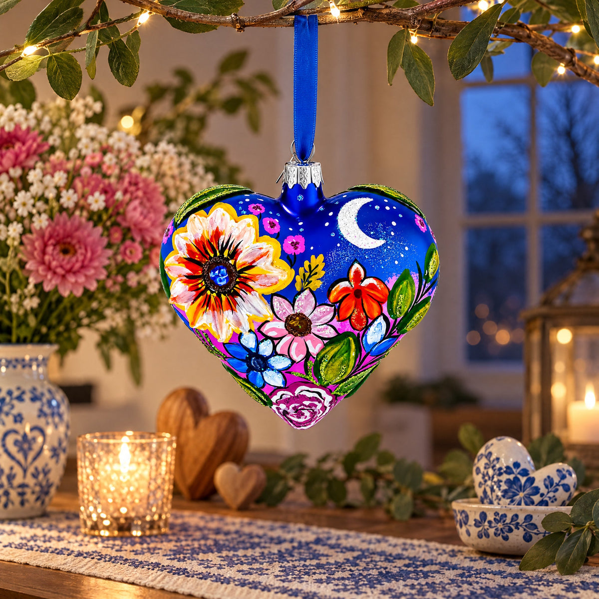Moonlit Floral Meadow Heart Glass Ornament