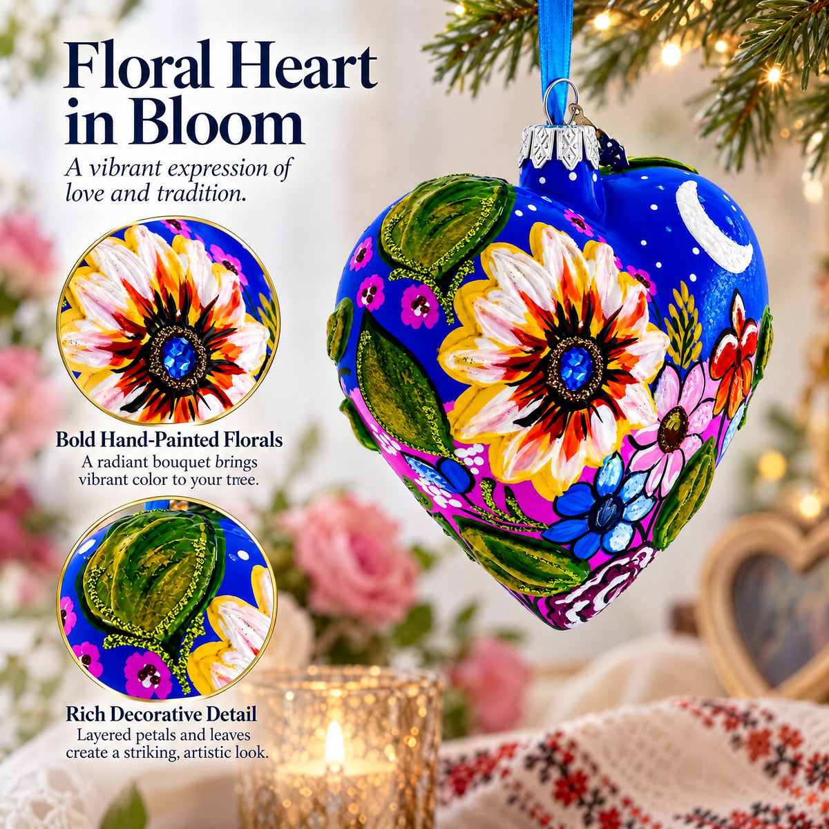 Moonlit Floral Meadow Heart Glass Ornament