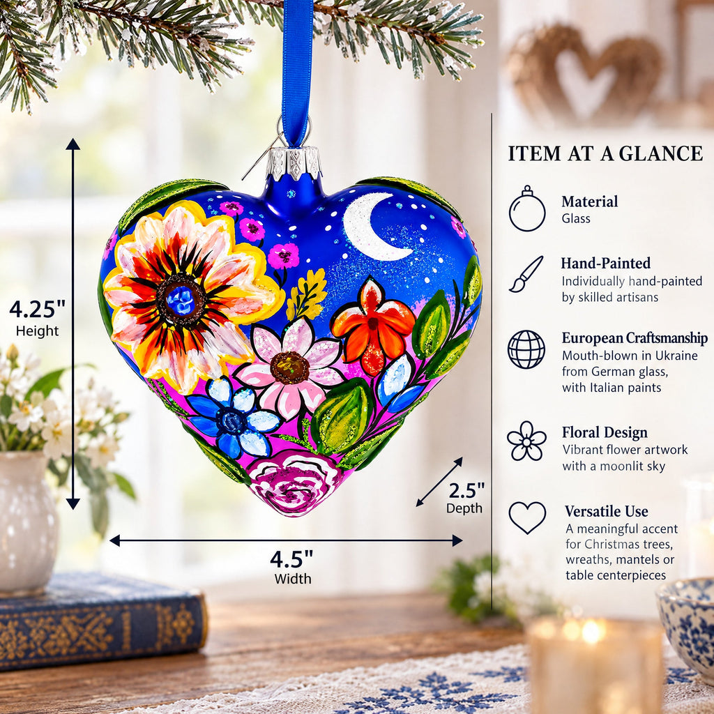 Moonlit Floral Meadow Heart Glass Ornament