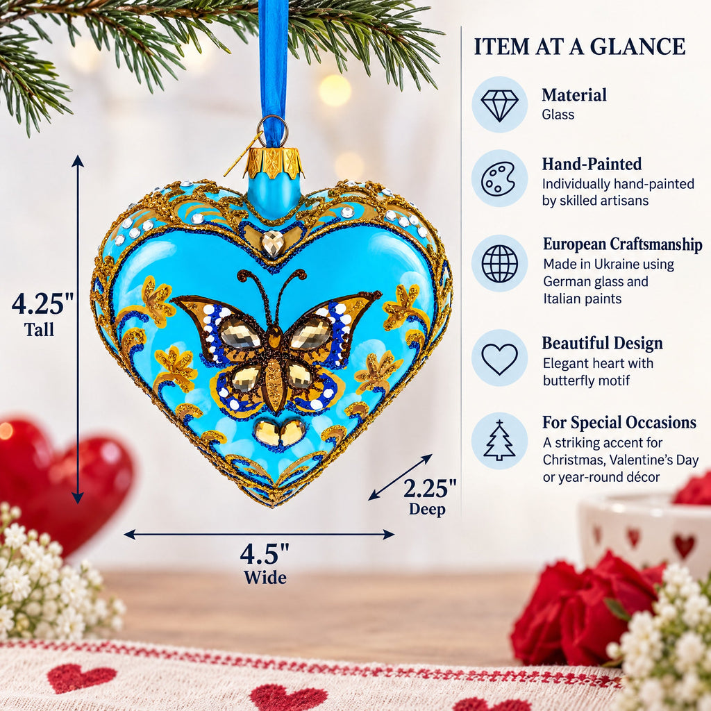 Turquoise Butterfly Elegance Heart Glass Ornament