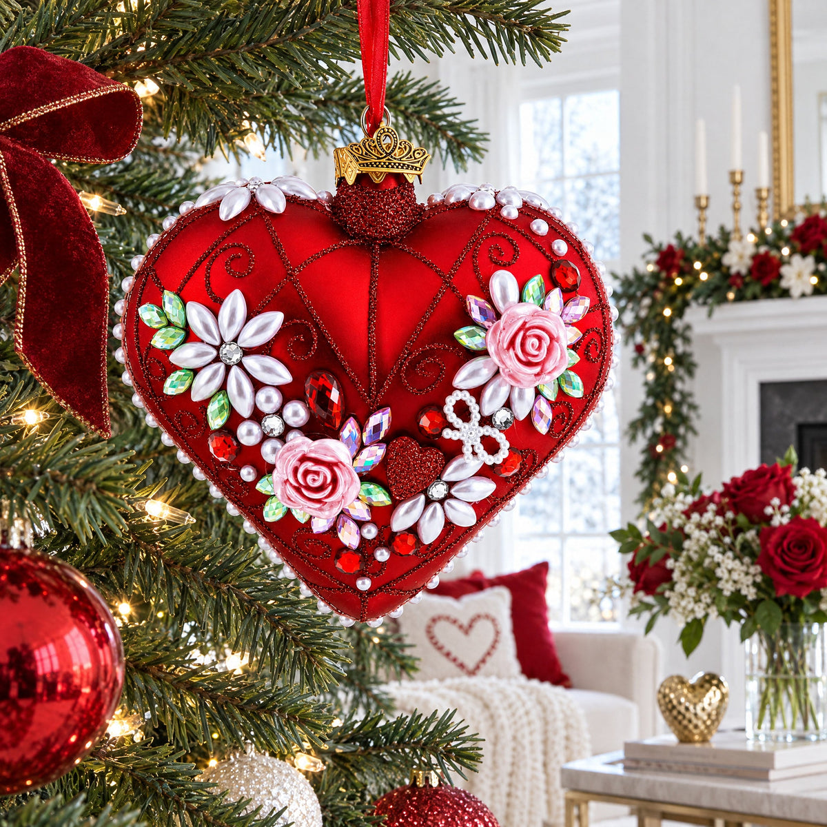 Pearl & Ruby Jeweled Heart Glass Ornament