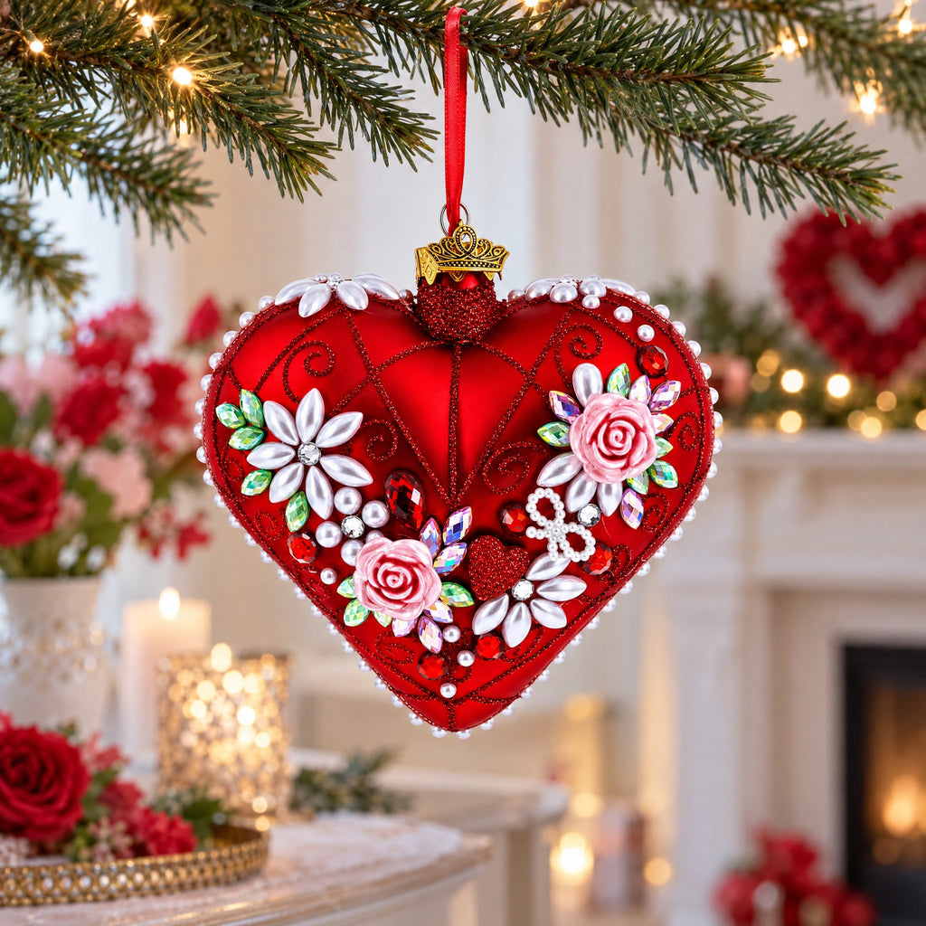 Pearl & Ruby Jeweled Heart Glass Ornament