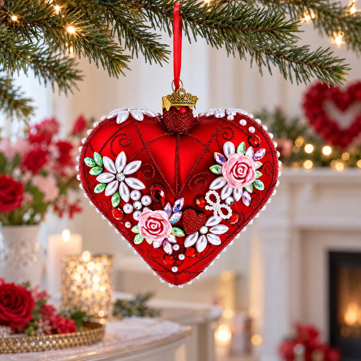 Pearl & Ruby Jeweled Heart Glass Ornament
