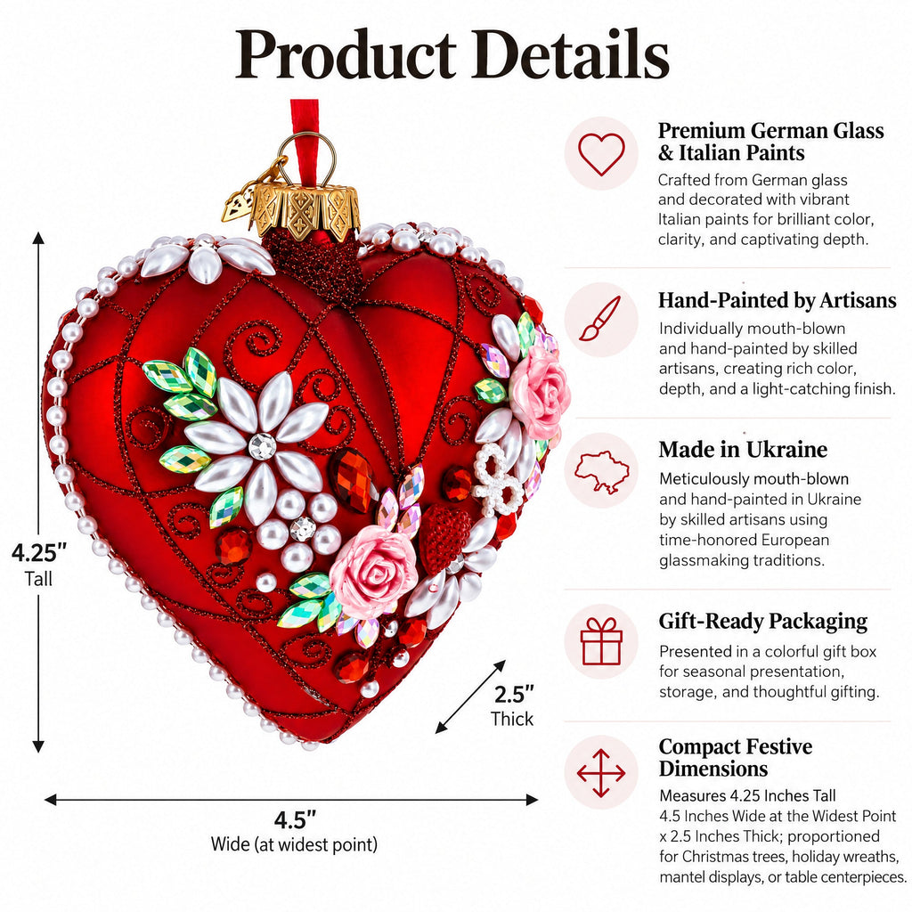 Pearl & Ruby Jeweled Heart Glass Ornament