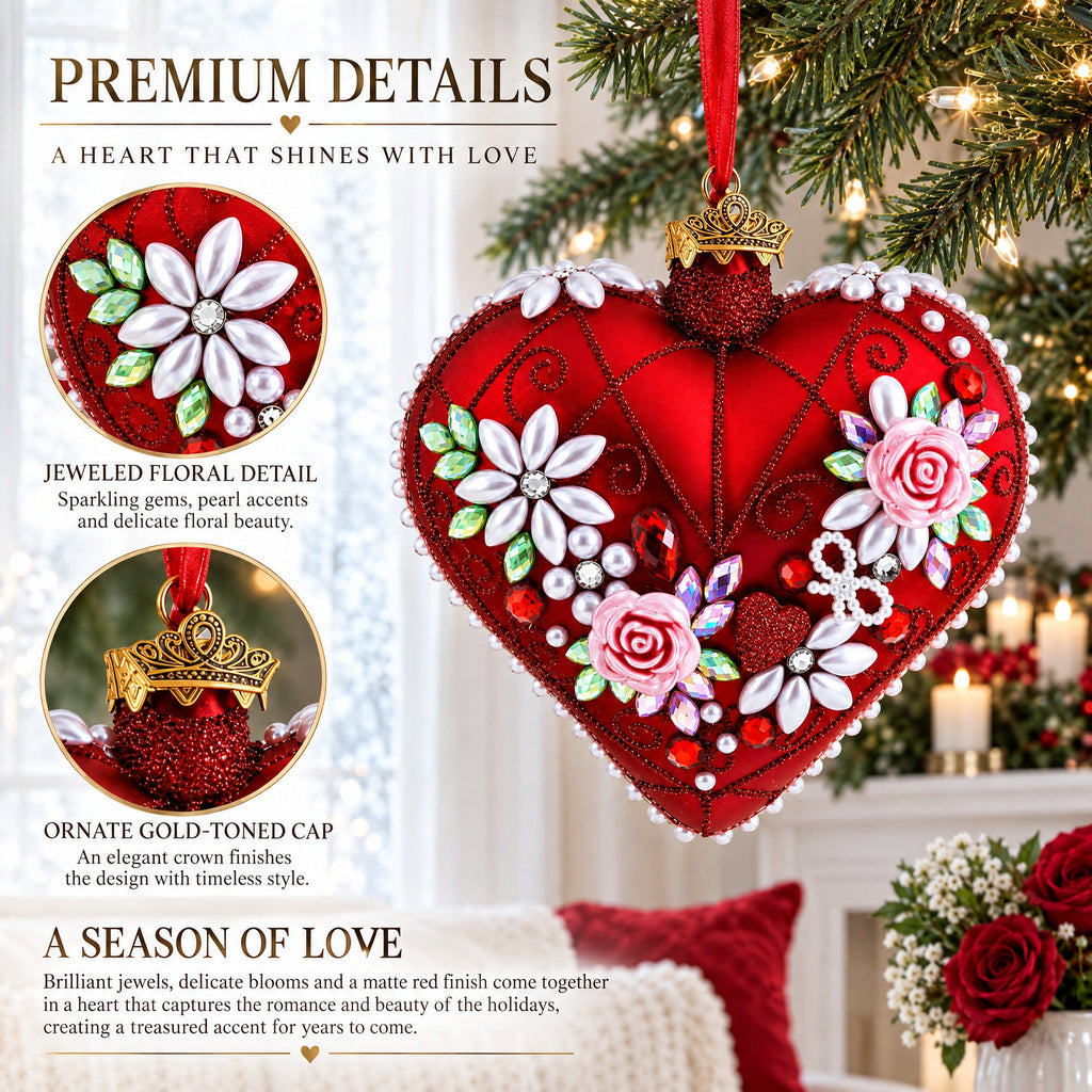 Pearl & Ruby Jeweled Heart Glass Ornament