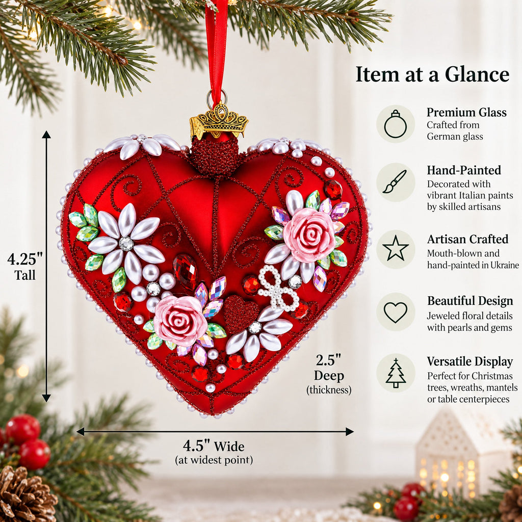 Pearl & Ruby Jeweled Heart Glass Ornament